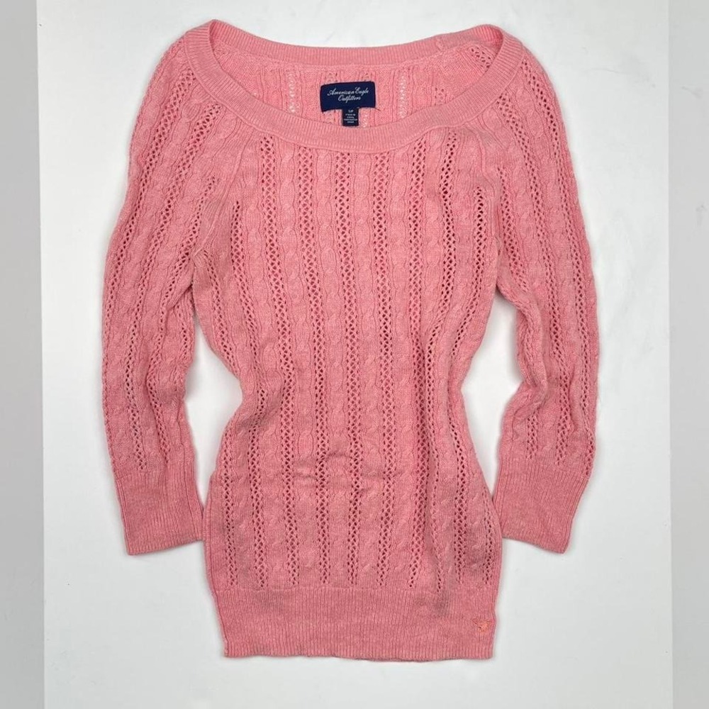 Y2K American Eagle Pink Cable Knit‎ Sweater Preppy Girly Embroidered Women's S